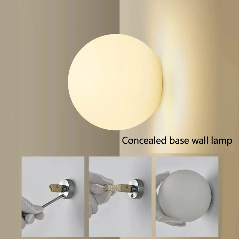 New Concealed Base Glass Wall Lamps French Bauhaus Milky White Round Ball Wall Light for Bedside Living Room Bathroom Mirror Dec