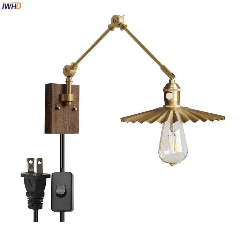 Adjustable Copper Arm LED Wall Lamps Sconce For Living Room Bedroom Pull Chain Plug In Switch Nordic Wall Lights Luminaria