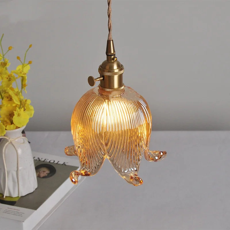 Amber Glass LED Pendant Light Fixture Study Dining Living Room Copper Modern Simple Adjustable Iron Canopy Hanging Lights