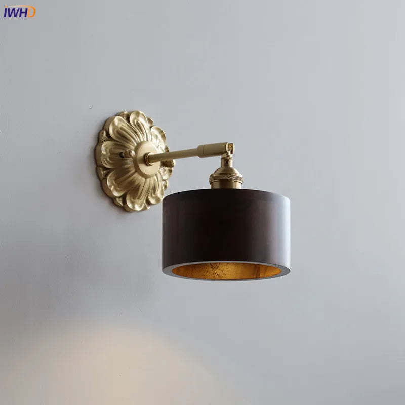 France Europe Style LED Wall Light Sconce Switch Walnut Ash Wood Bedroom Living Room Beside Lamp Copper Arm Lampara Pared