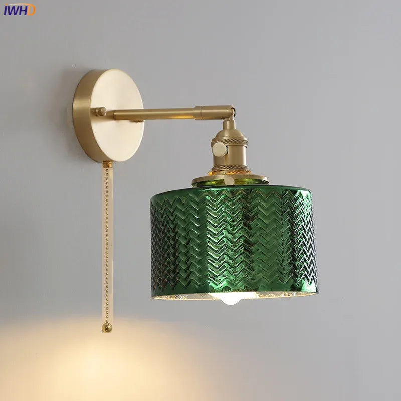 Green Glass LED Wall Light Fixtures Pull Chain Switch Copper Wandlamp Bedroom Bathroom Mirror Nordic Modern Wall Lamp