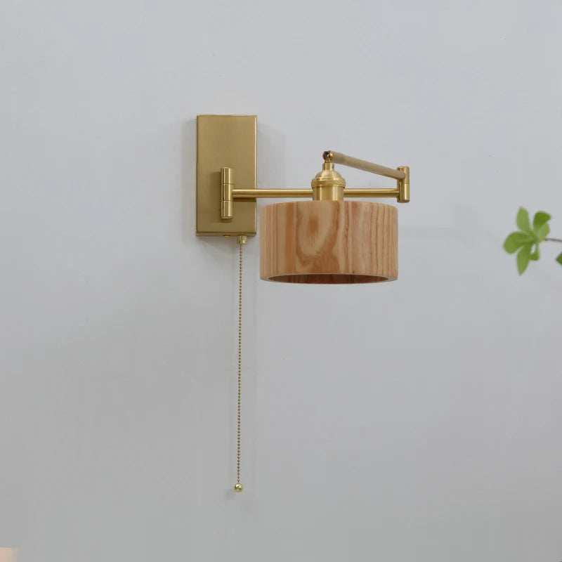 Left Right Rotate LED Wall Lamp Sconce Pull Chain Switch Bedroom Bathroom Mirror Stair Light Wooden Lampshade Wandlamp