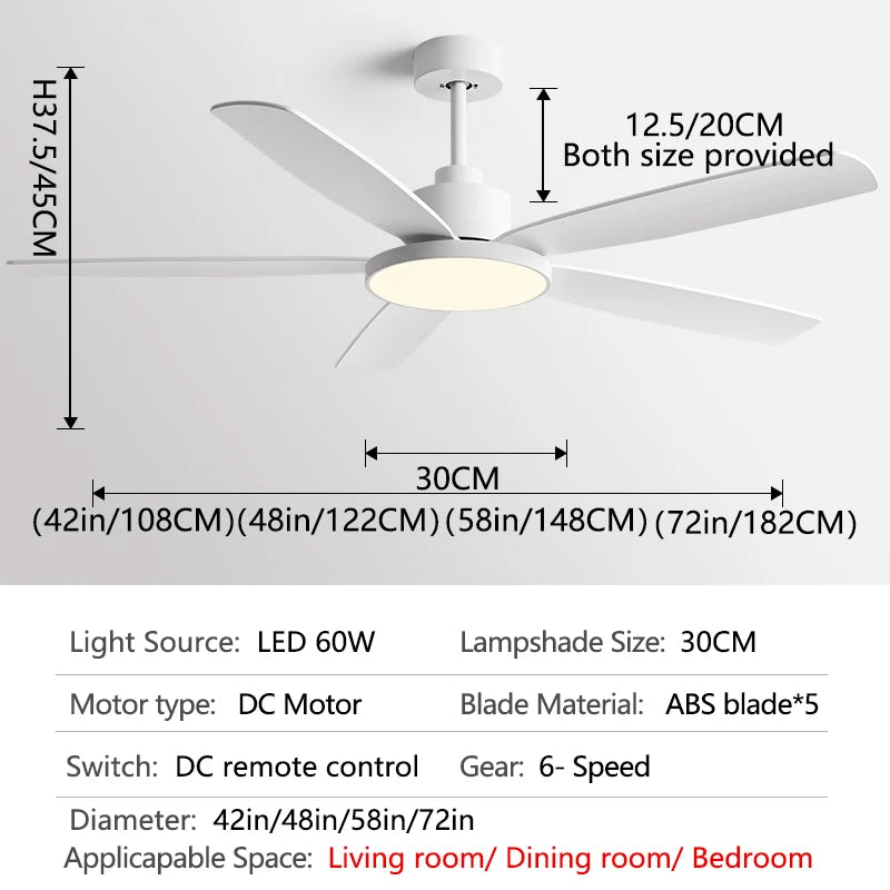 72inch Large Ceiling Fans DC motor 5 ABS Bladet Living Bedroom Ceiling Fan With Lights support Remote Control 220V 110V Fans