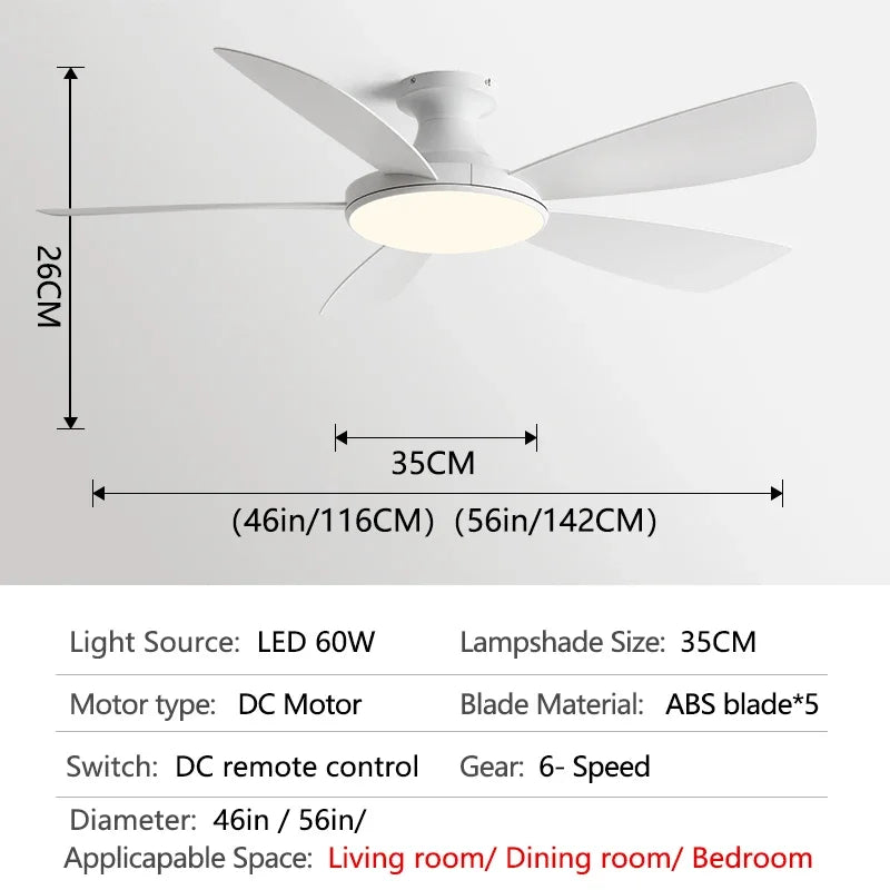 56Inch Low Floor Ceiling Fan with Light 5 blade DC motor Remote control electric fan for Living room, bedroom Restaurant fan