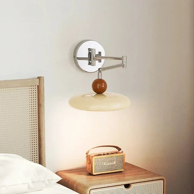 Medieval Rotatable Long Arm Rocker Bedroom Bedside Wall Lamp French Cream Wind Wiring-free Remote Control with Plug Lamp