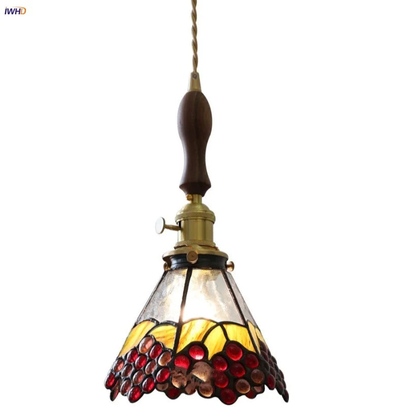 Walnut Wood LED Pendant Light Fixture Bedroom Restaurant Kitchen Wine Red Glass Vintage Brass Hang Lamp Luminaira Pendente