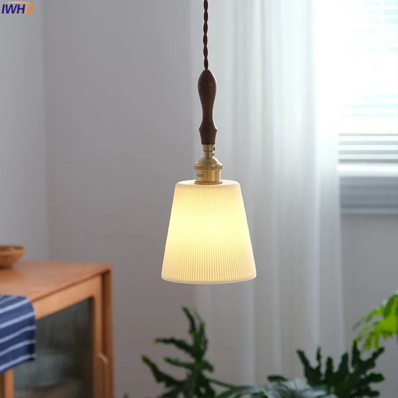 Stripe Ceramic LED Pendant Lights Fixtures Wood Handle Copper Socket Home Decor Bedroom Living Room Beside Lamp Hanglamp