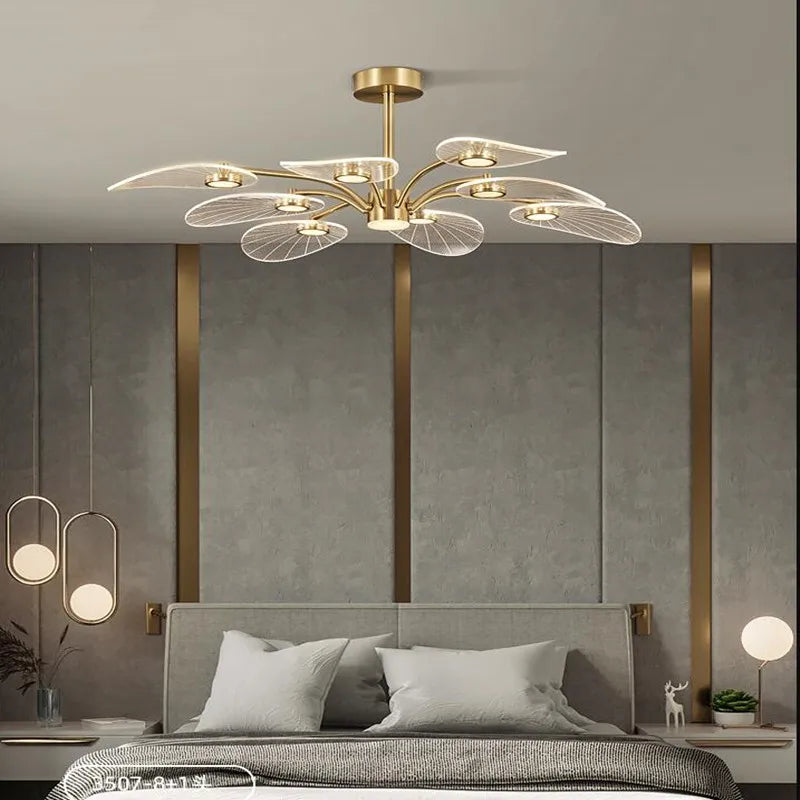 Nordic LED Ceiling Lamp Modern Copper Chandeliers for Bedroom Living Room Lotus Leaf Shape Design Home Decor Lighting Fixture