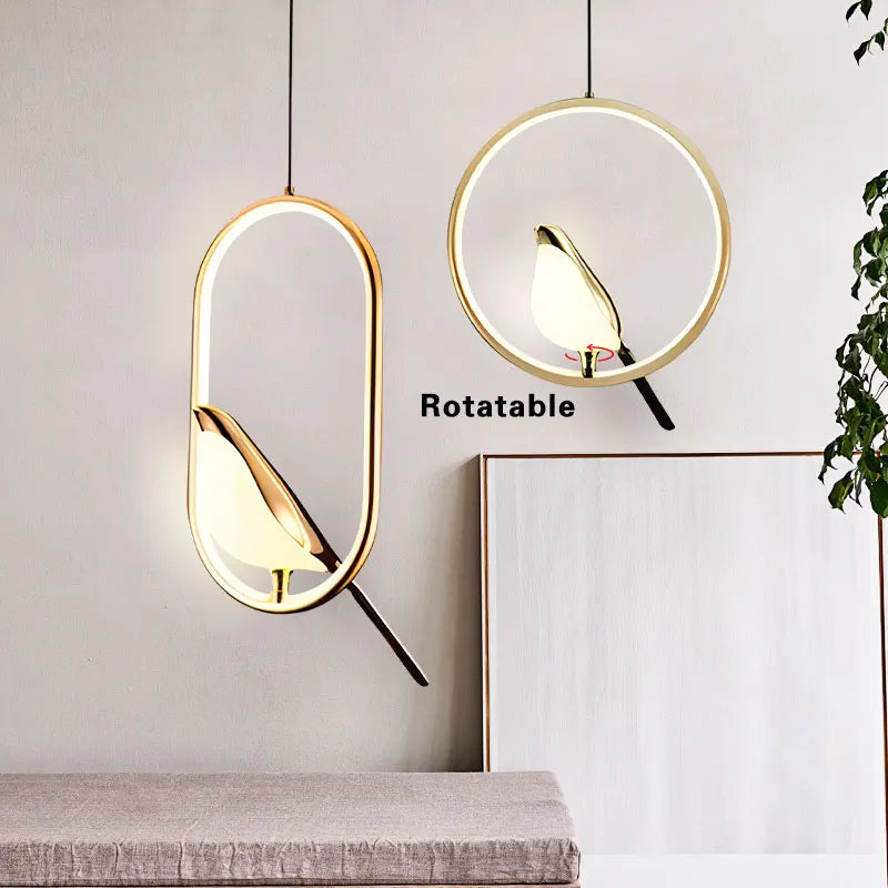 Gold Silver LED Cord Pendant Lamps for Bedside Bedroom Magpie Bird Rotatable Indoor Chandelier Hanging Lights Corridor AC85-265V