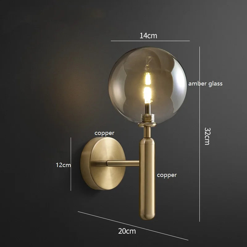 Amber Glass Ball LED Wall Light Fixtures Brass Copper G4 Bedroom Bathroom Mirror Stair Nordic Modern Beside Lamp Wandlamp