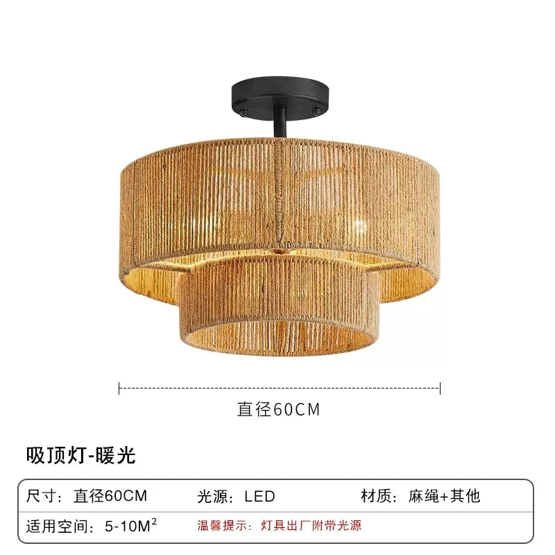 Minimalism Wabi Sabi E27 Led Pendant Lights Dining Room Retro Hemp Rope Round Ceiling Lights Restaurant Light Fixtures Led Lamp