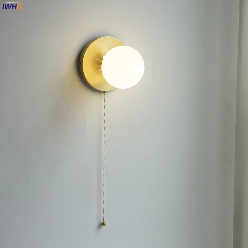 Glass Ball LED Wall Lights Fixtures Pull Chain Switch Bedroom Cafe Bathroom Mirror Stair Light Copper Beisde Lamp Wandlamp