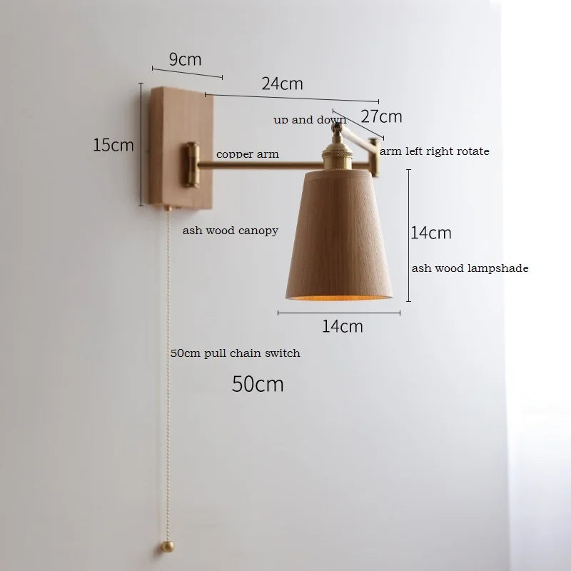 Walnut Ash Wood LED Wall Lamp Sconce Beside Pull Chain Switch Plug In Home Indoor Lighting Bathroom Mirror Stair Light