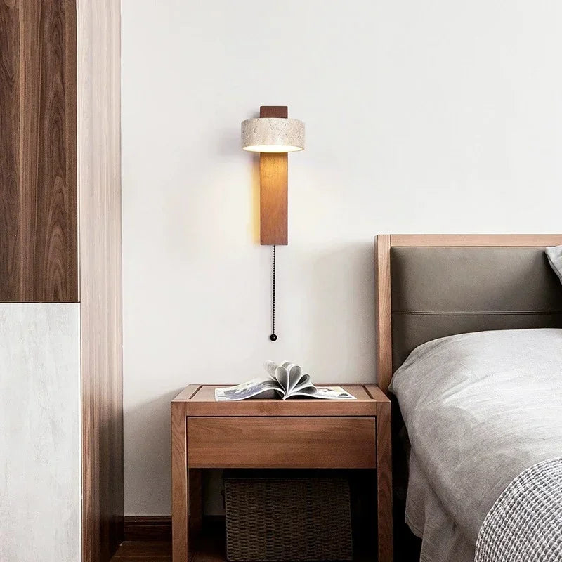 Cream Style Bedroom Bedside Wall Lamp With Pull Switch Wire Rotatable Led Light Stone Homestay Log Wood Walnut Soft Down Lights