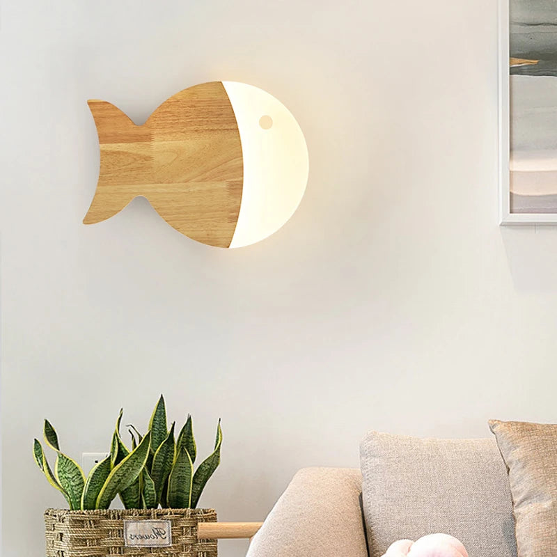 Creative Fish Wall Lights Sconce for Boy Girl Child Room Bedroom Kids Lamp Nordic Modern Led Home Decor Wood Lighting Fixture