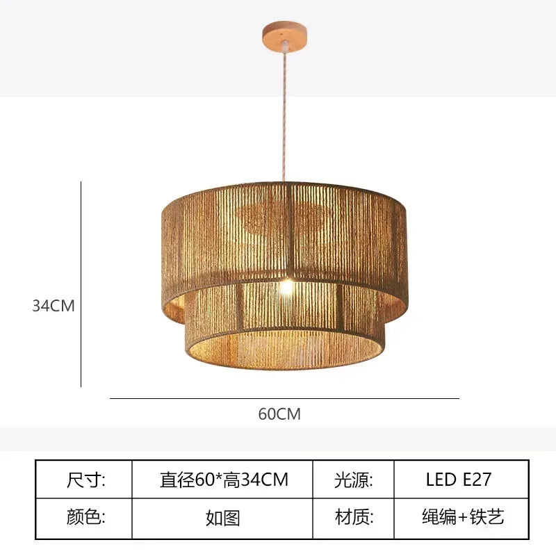 Retro Handmade Rattan Chandelier Hemp rope Woven Ceiling lamp for Bedroom Living room Country Style Decoration Ceiling light