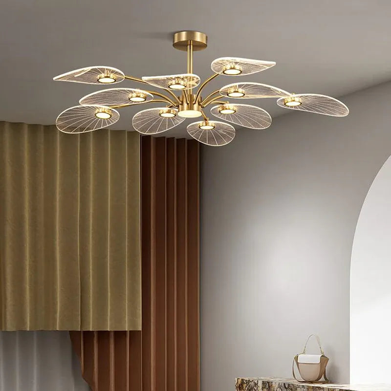 Nordic LED Ceiling Lamp Modern Copper Chandeliers for Bedroom Living Room Lotus Leaf Shape Design Home Decor Lighting Fixture