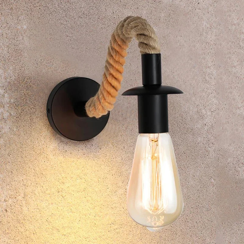 Vintage Hemp Rope Wall Sconce Lamp Wood  Style Indoor Loft Industrial Bedside Corridor Dining Room Staircase Home Lights Decor