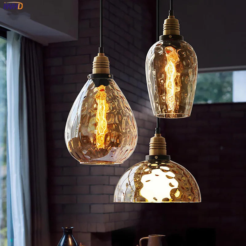 Loft Style Industrial LED Pendant Lights Fxitures Amber Glass Lampshade Dinning Room Bedroom Beside Vintage Lamp Edison