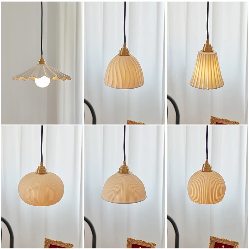 Nordic Japan Style LED Pendant Lamp Restaurant Bedroom Dinning Living Room Light Big Ceramic Lampshade Home Decor Indoor