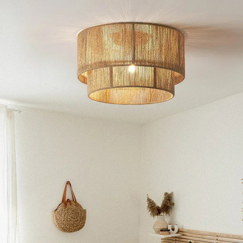 Retro Handmade Rattan Chandelier Hemp rope Woven Ceiling lamp for Bedroom Living room Country Style Decoration Ceiling light