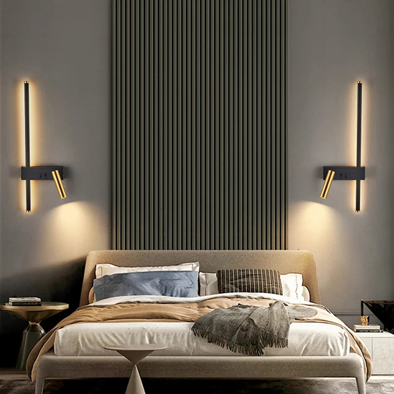 New Reading With Switch Minimalist Wall Lamps Bedroom Bedside Strip Lights Nordic 2023 Master Bedroom Line Background Wall Lamps