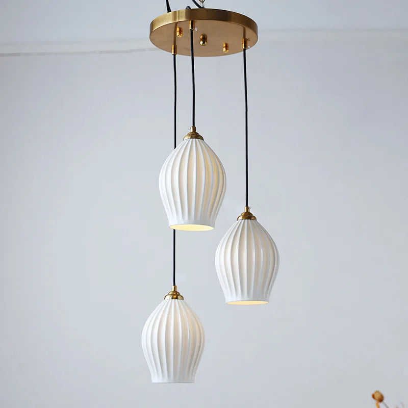 Modern British style Elegance Ribbed Ceramics Pendant Lights For Dining Island Living Room  Suspension Chandeliers White Shade