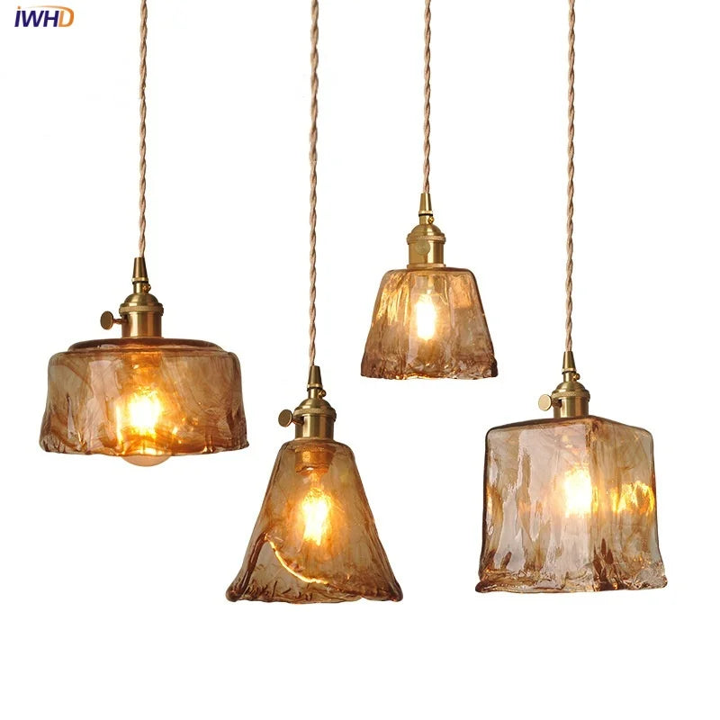 Amber Glass LED Pendant Lamp Reading Living Room Balcony Knob Switch Luxury Loft Dining Room Hanging Lights Lampu Gantung