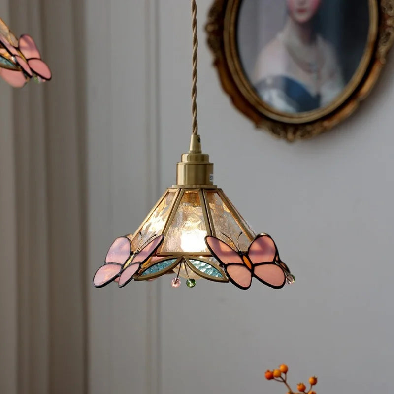 Nordic Modern LED Pendant Light Fixtures Bedroom Kitchen Aisle Butterfly Flower Wire Adjustable Glass Copper Hanging Lamp