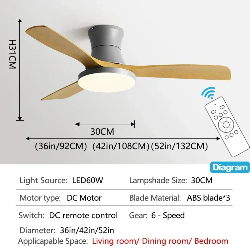 52 inch Low Floor Ceiling Fan 3 ABS Blade Ceiling Fan with Light And Remote Control Indoor Restaurant Electric Fan 110V 220V