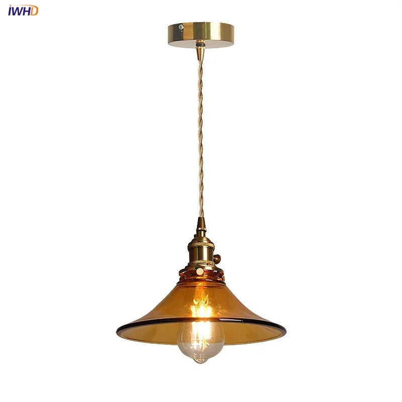 Vintage Loft LED Pendant Lights Hallway Coffee Kitchen Amber Glass Hang Lamp Wire Adjustable Knob Switch Dining Room Light