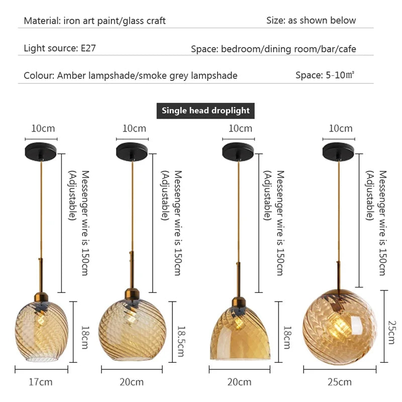 Modern Amber Smoky Grey Glass Chandelier LED Pendant Lights Restaurant Bar Kitchen Island Lamp Bedroom Bedside Dining Hanglamp