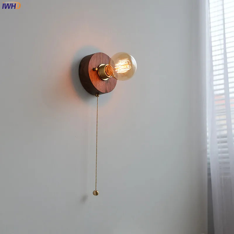 Japanese Style Vintage LED Wall Beisde Lamp Pull Chain Switch Plug in Walnut Ash Wood Copper Bathroom Mirror Stair Light