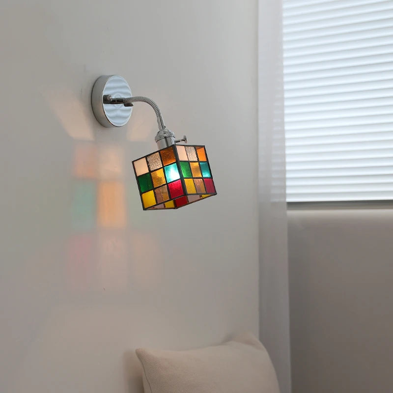 Colorful Square Glass LED Wall Light Sconce Silver Iron Metal  Flexible Arm Ajdustable Bedroom Beside Lamp Applique Murale