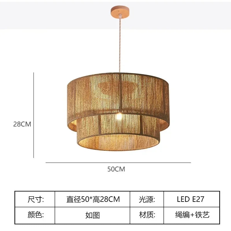 Retro Handmade Rattan Chandelier Hemp rope Woven Ceiling lamp for Bedroom Living room Country Style Decoration Ceiling light