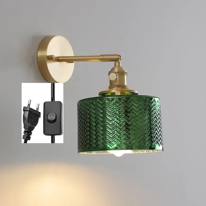 Green Glass LED Wall Light Fixtures Pull Chain Switch Copper Wandlamp Bedroom Bathroom Mirror Nordic Modern Wall Lamp