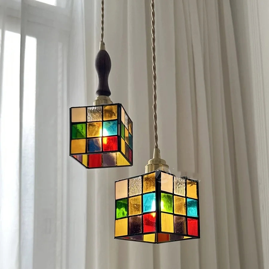 Colorful Square Glass LED Hanging Light Copper Socket Bedroom Cafe Bar Stair Home Indoor Lighting Modern Pendant Lamp