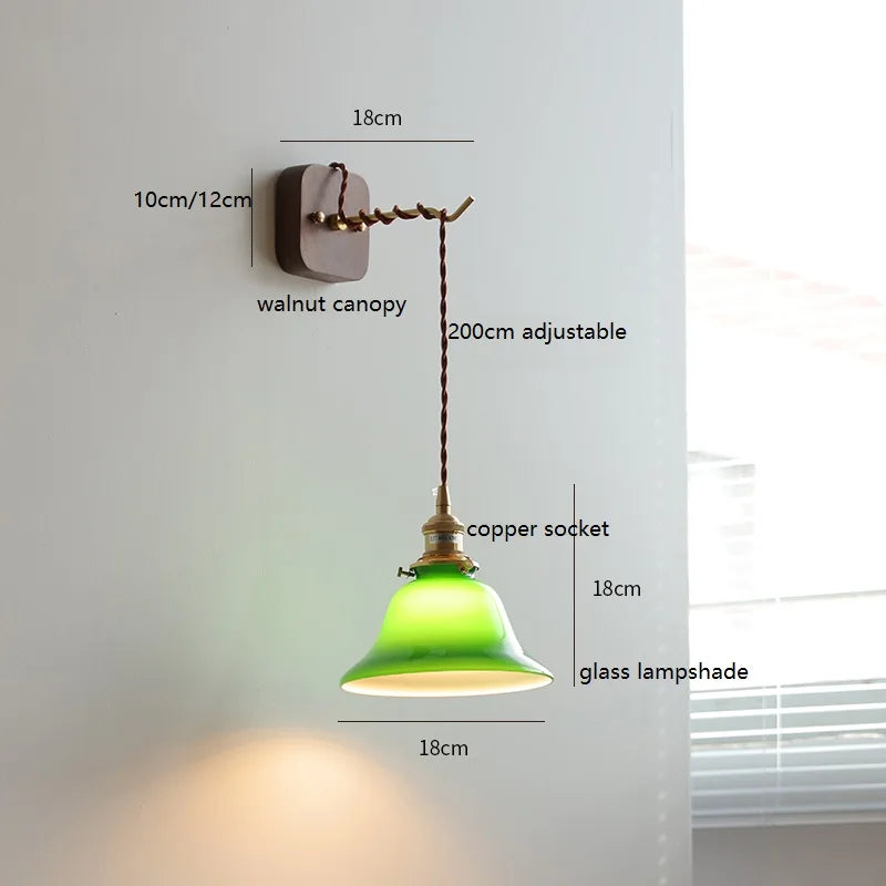 Walnut Canopy Green Glass LED Wall Light Fixtures Hardwire Pull Chain Swith Plug In Copper Home Indoor Beside Lamp Wandlamp