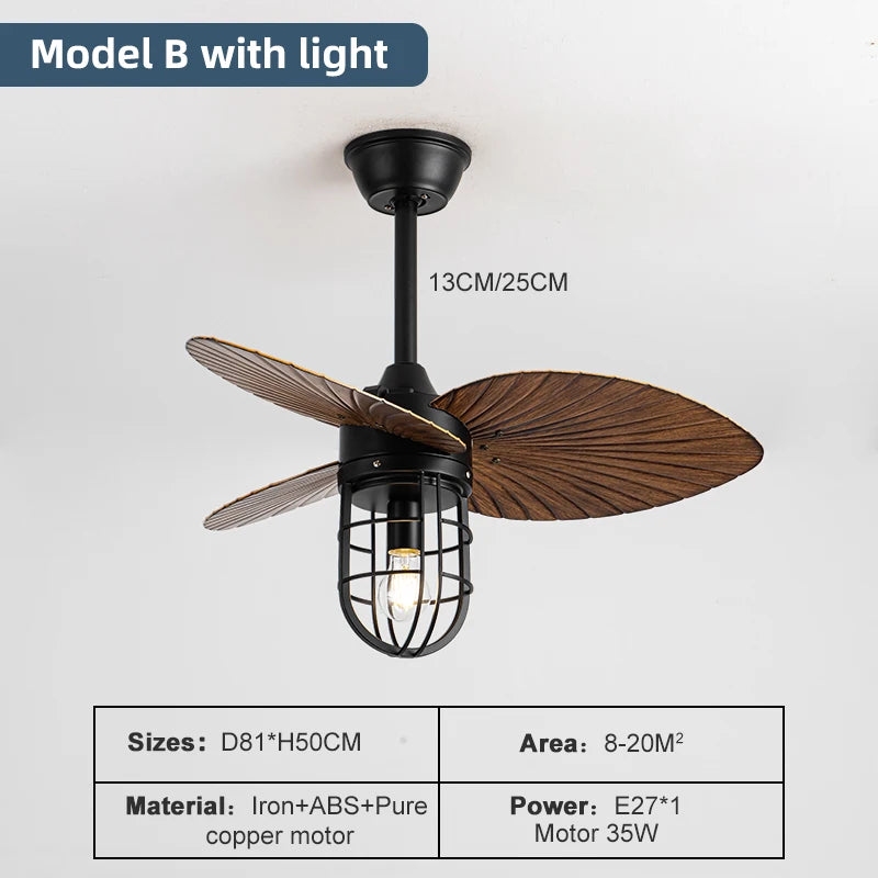 American Industrial Leaf Fan Light, Ceiling Fan for Living Room, Bedroom, Balcony, Frequency Conversion, Small Size