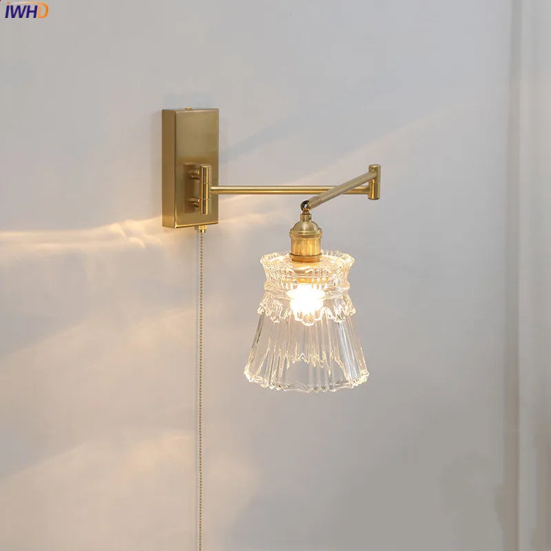 Pull Chain Glass LED Wall Light Sconce Arm Left Right Rotate Bedroom Living Room Lights Nordic Modern Beside Lamp Wandlamp