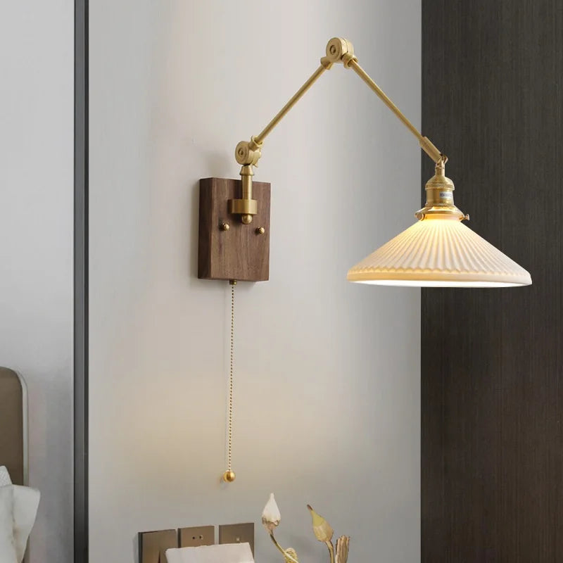 Copper Swing Long Arm LED Wall Light Fixtures Pull Chain Switch Up Down Left Right Rotate Walnut Canopy Japanese Wandlamp