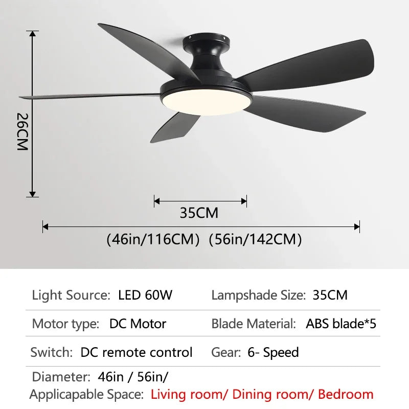 56Inch Low Floor Ceiling Fan with Light 5 blade DC motor Remote control electric fan for Living room, bedroom Restaurant fan