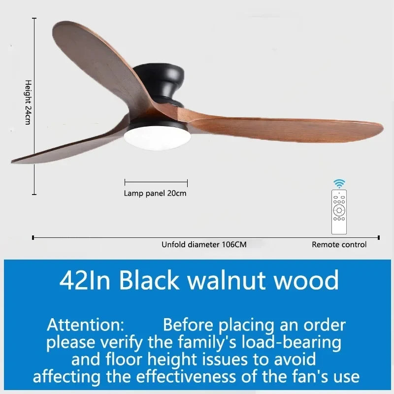 52inch Low Floor Ceiling Fan Light Remote Control Led Llights Indoor Restaurant Solid wood fan leaves With Fan Chandelier