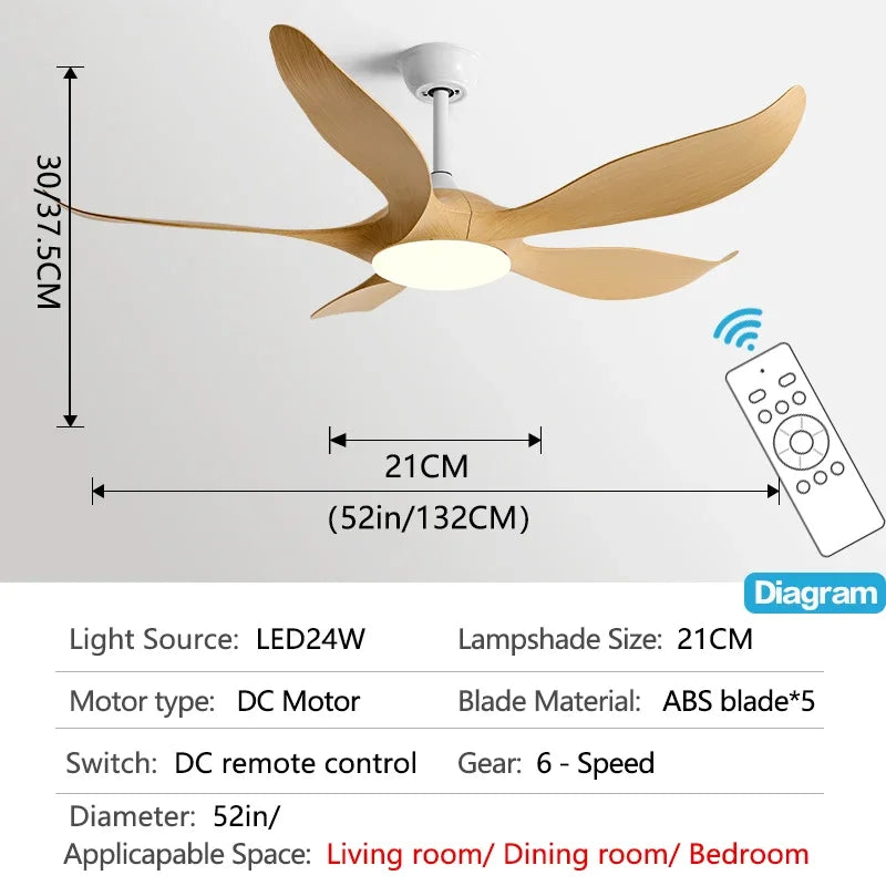 52Inch 5ABS Blade Ceiling fan with LED light and Remote Control Lamps for room fan with ceiling light home fan Used for bedroom