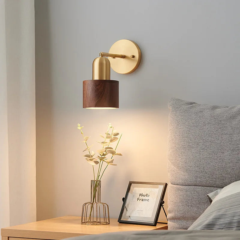 Modern And Simple Bedroom Bedside Lamp Living Room Background Wall All Copper Walnut Wood Nordic Wall Lamp