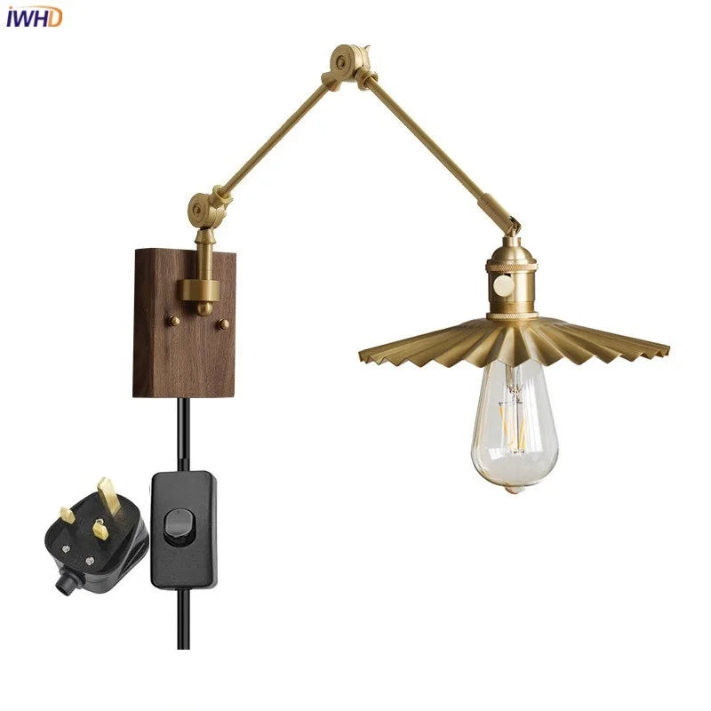 Adjustable Copper Arm LED Wall Lamps Sconce For Living Room Bedroom Pull Chain Plug In Switch Nordic Wall Lights Luminaria