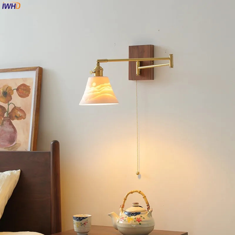 Pull Chain Switch Ceramic LED Wall Light Fixtures Copper Arm Left Right Rotate Adjustable Bathroom Bedroom Beside Lamp