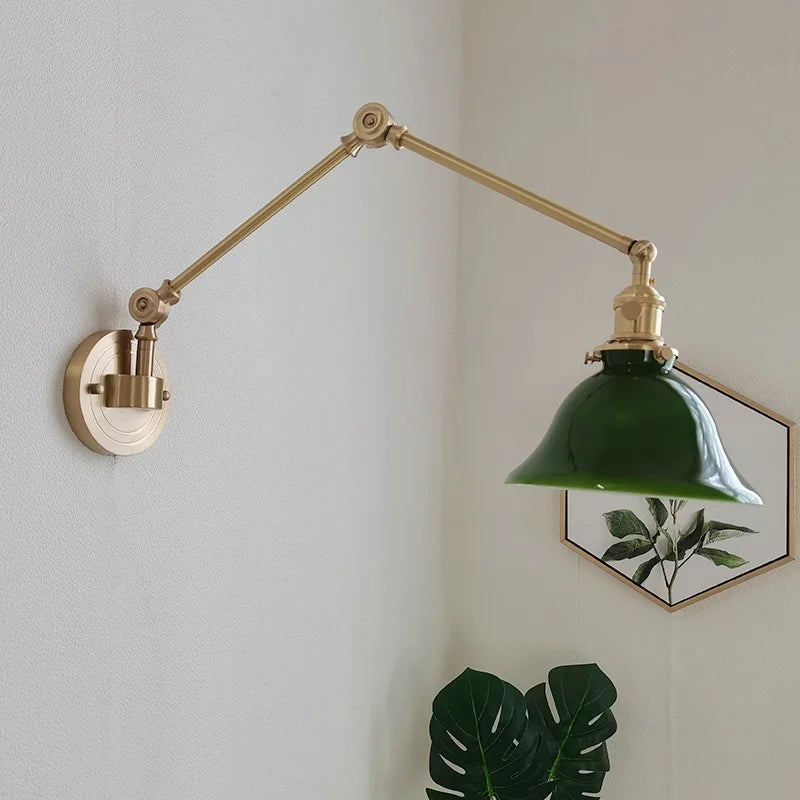 Left And Right Rotate Copper Wall Lamp Beisde Swing Long Arm Green White Lampshade Nordic Modern Wandlamp Lighting