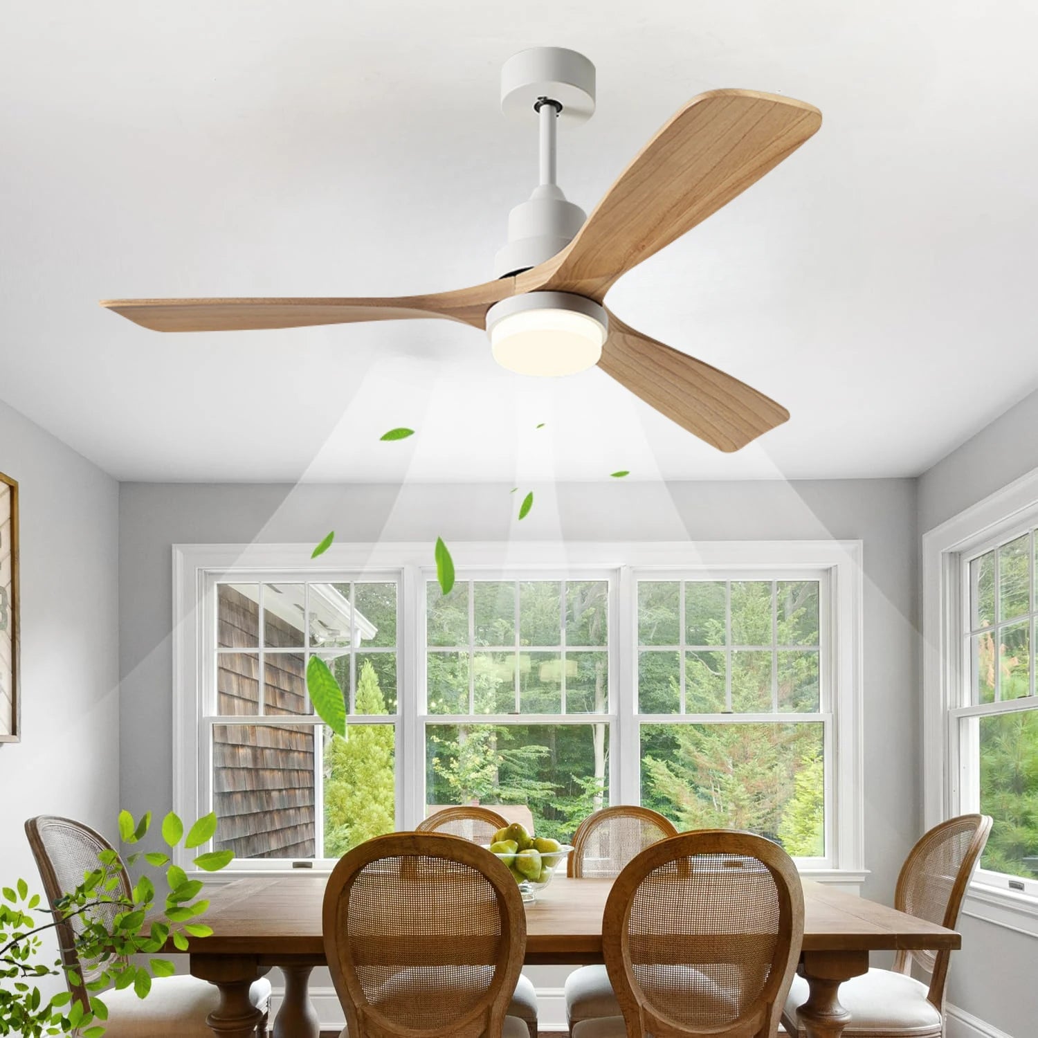 American Style 52 Inch Ceiling Fan with Light Real Wood Fan Blades 3-Color Dimmable, Ideal for Living Room or Balcony