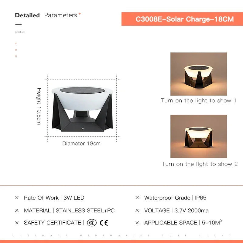 Modern Solar Post Light 3000K IP65 Outdoor Column Lamp Pillar Light for Garden Patio Fence Cap Deck Flat Surface Decora